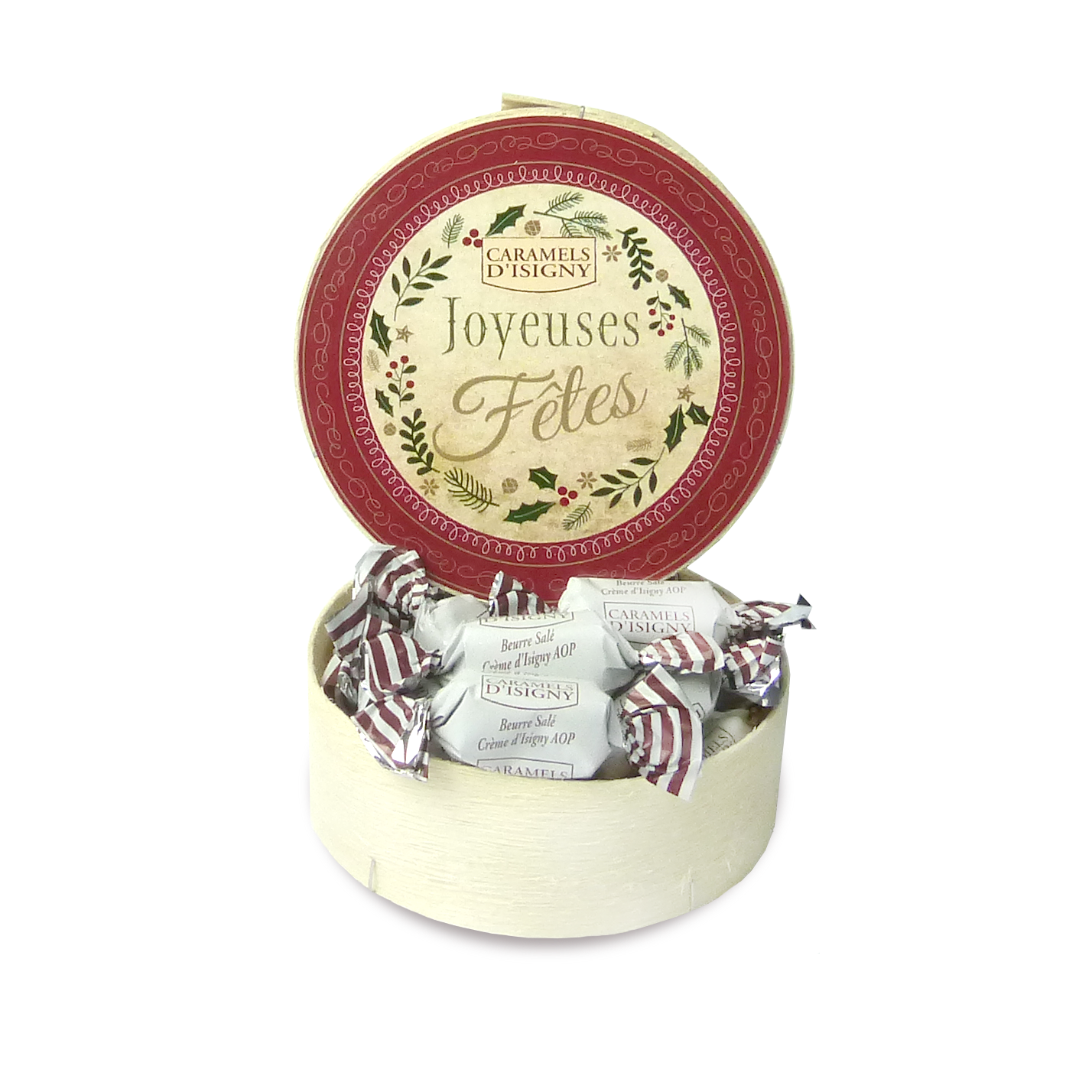 Boîte bois Joyeuses Fêtes caramels beurre salé à la crème d'Isigny A.O.P. - 75g